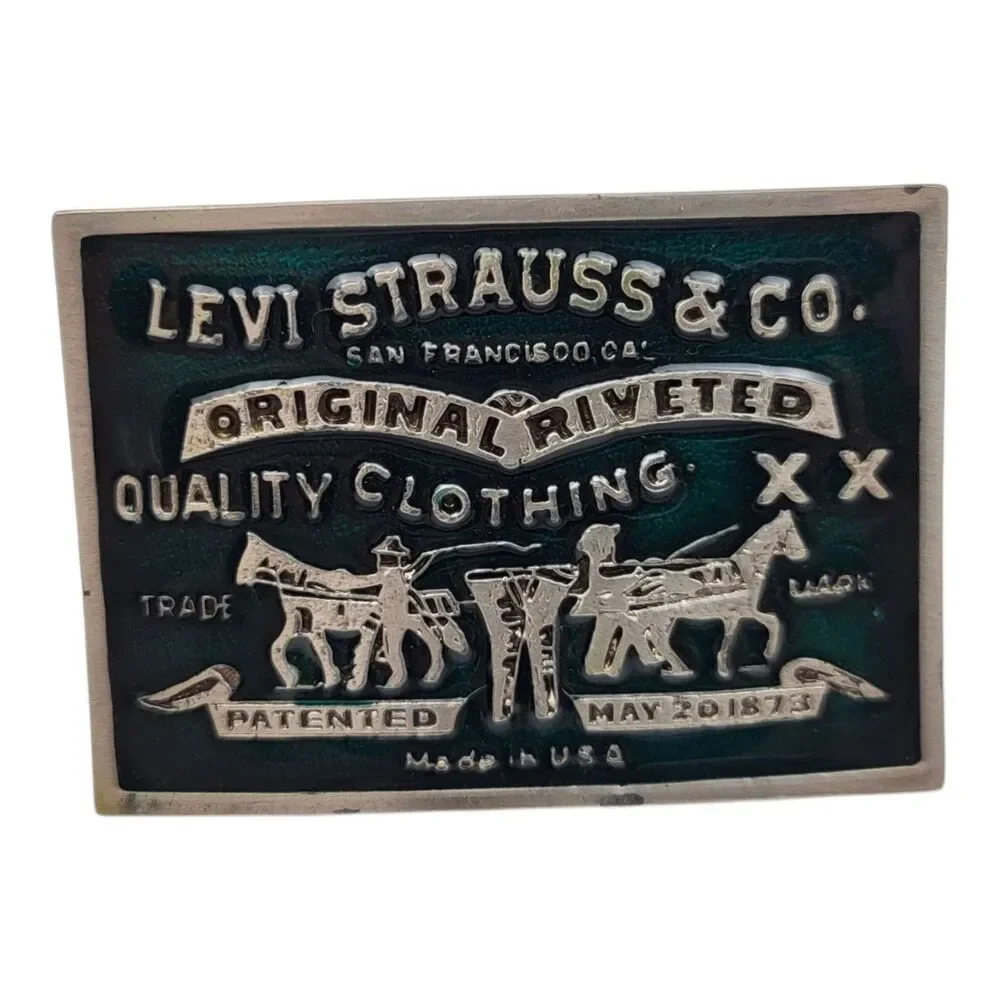 Levi Strauss Jeans Two Horse Western Green Enamel Metal Belt Buckle Vintage Rare